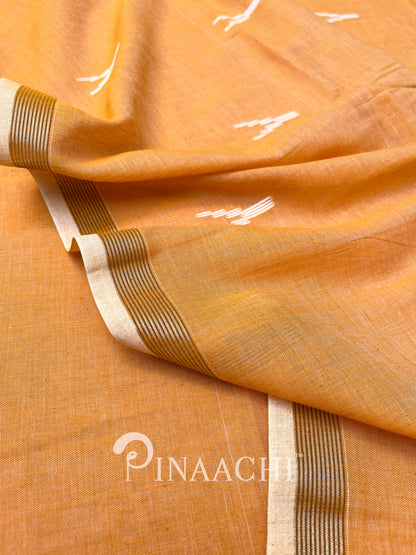 Pinaachi orange mulmul jamdani saree with elegant patterns and vibrant color