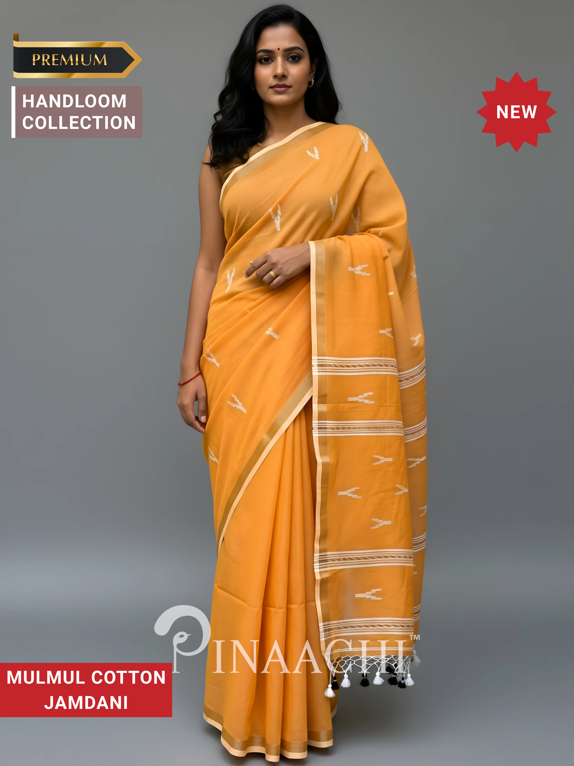 Pinaachi orange mulmul jamdani saree made from soft mulmul cotton for elegant wear