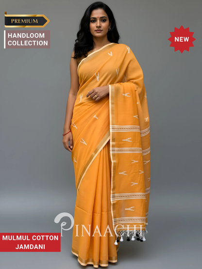 Pinaachi orange mulmul jamdani saree made from soft mulmul cotton for elegant wear