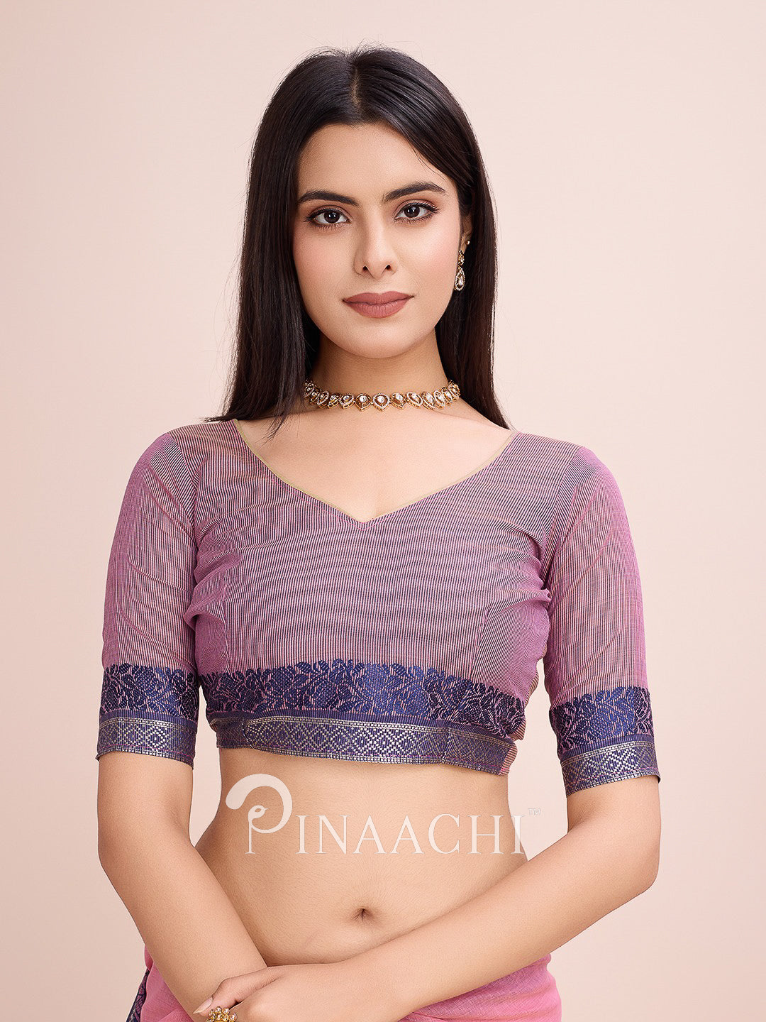 Pinaachi pink cotton saree with woven border, designed for elegant and traditional occasions