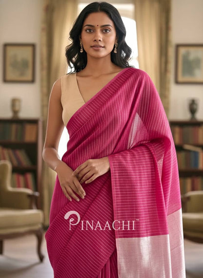 Pinaachi pink striped saree in cotton, featuring elegant draping for casual and formal occasions
