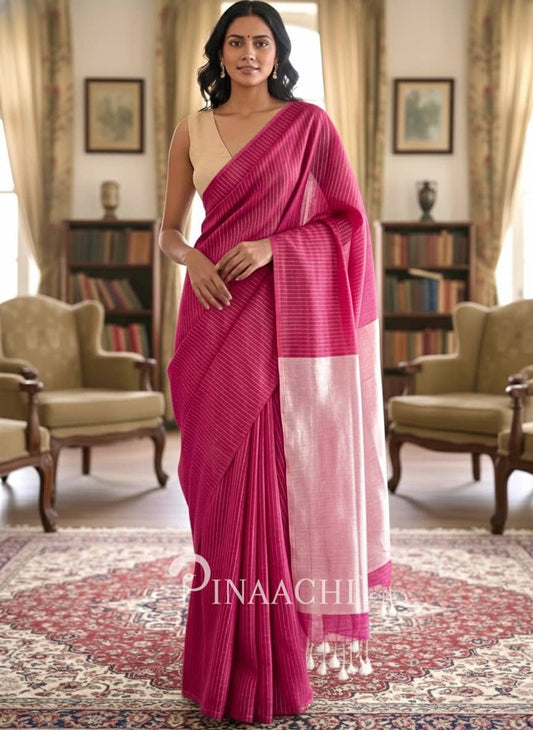 Pinaachi pink cotton saree with elegant draping and stylish borders