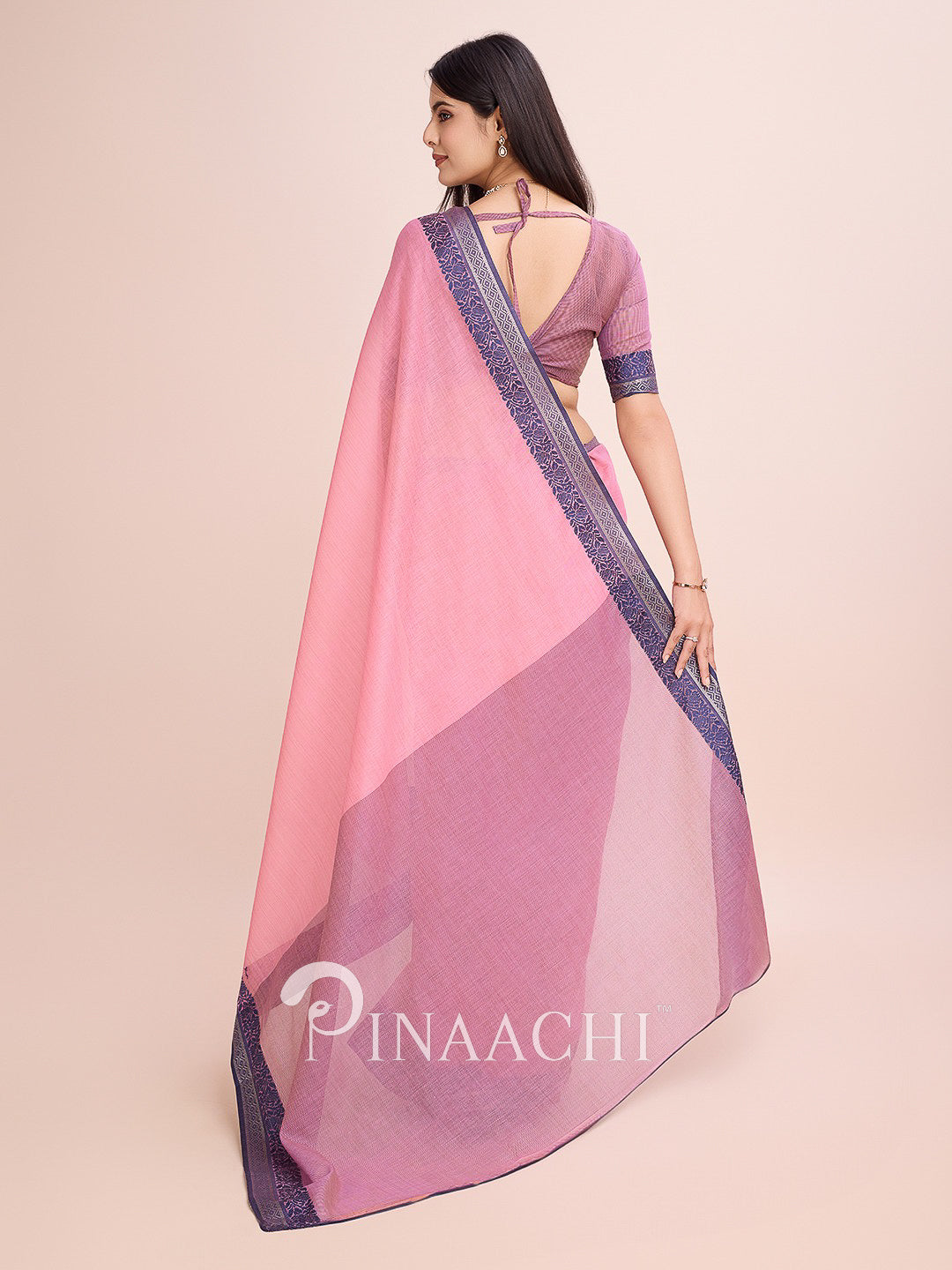 Pinaachi pink cotton saree with woven border featuring a stylish design and elegant drape