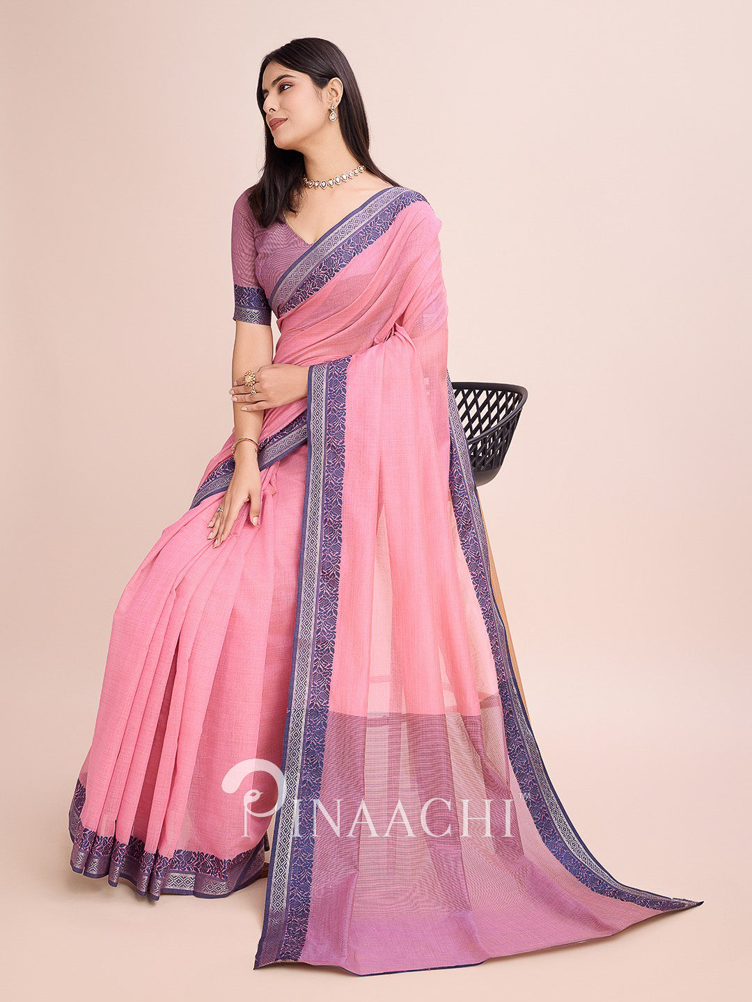 Pinaachi pink cotton saree with woven border for elegant traditional wear
