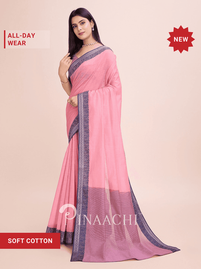 Pinaachi pink cotton saree with woven border, perfect for all-day wear and elegant occasions