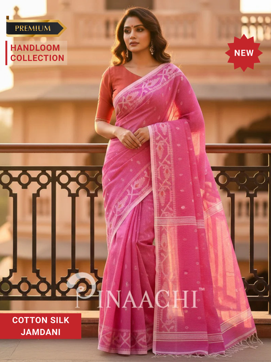 Pinaachi pink cotton silk jamdani saree with elegant design and soft texture for special occasions