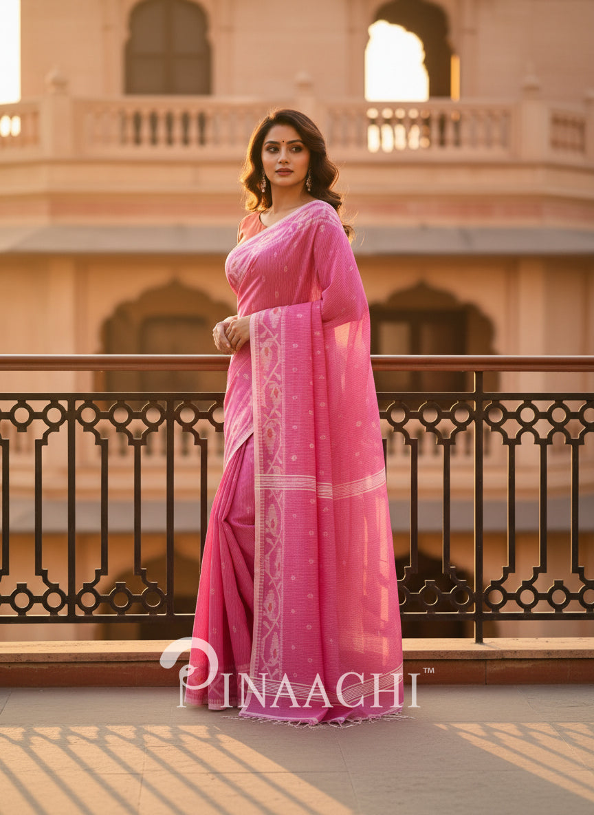 Pinaachi pink cotton silk jamdani saree draped elegantly with intricate patterns