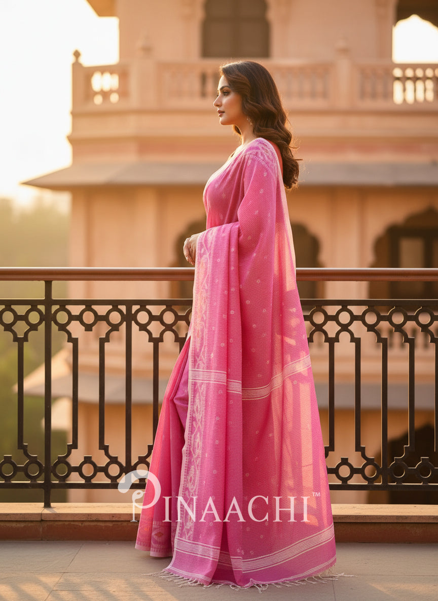 Pinaachi pink cotton silk jamdani saree with intricate floral patterns for elegant occasions