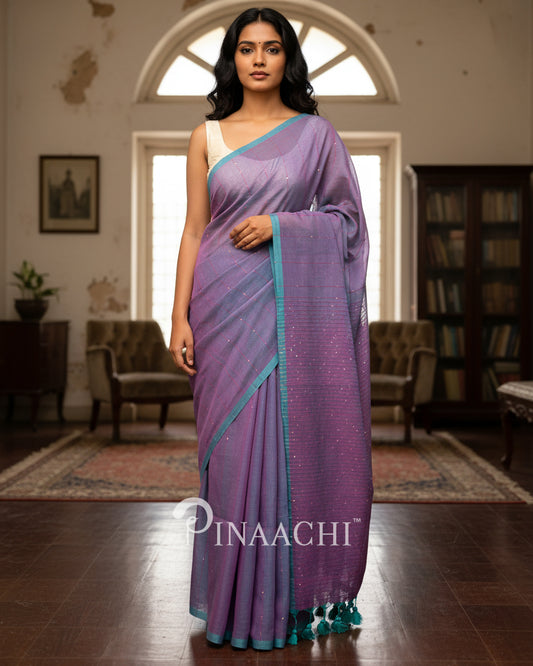 Pinaachi purple saree in cotton with contrasting teal border and elegant design
