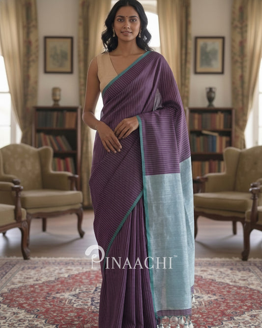 Pinaachi purple cotton saree with a contrasting blue border for elegant styling