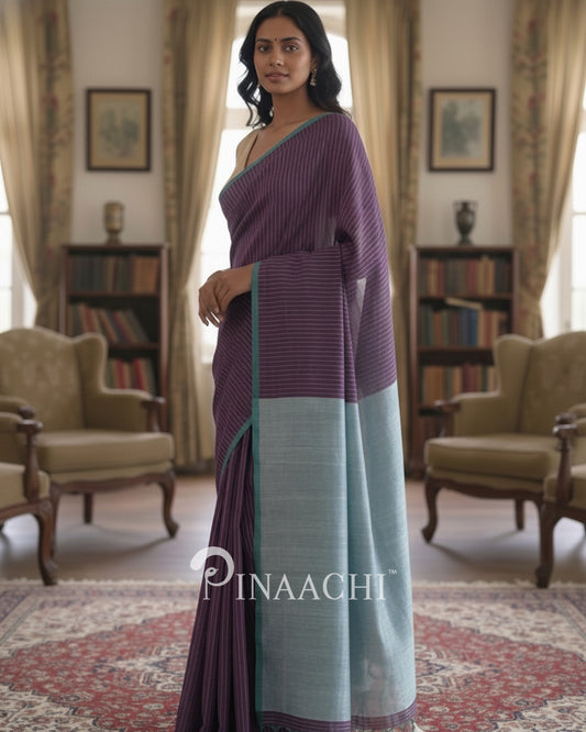 Pinaachi purple-blue striped saree in cotton with elegant drape for versatile styling