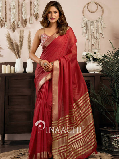 Elegant red cotton silk saree from Pinaachi with intricate golden border details