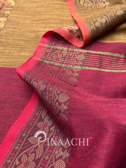 Pinaachi smoked mustard cotton silk saree with intricate gold motifs and vibrant borders