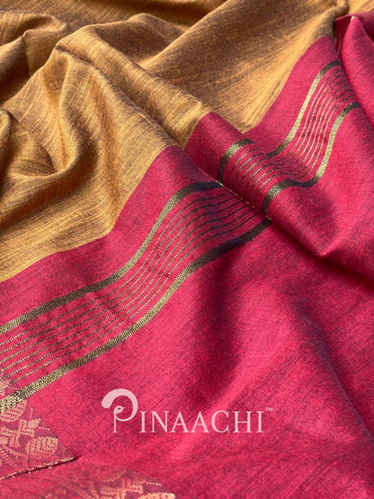 Pinaachi smoked mustard cotton silk saree with elegant gold detailing and rich texture