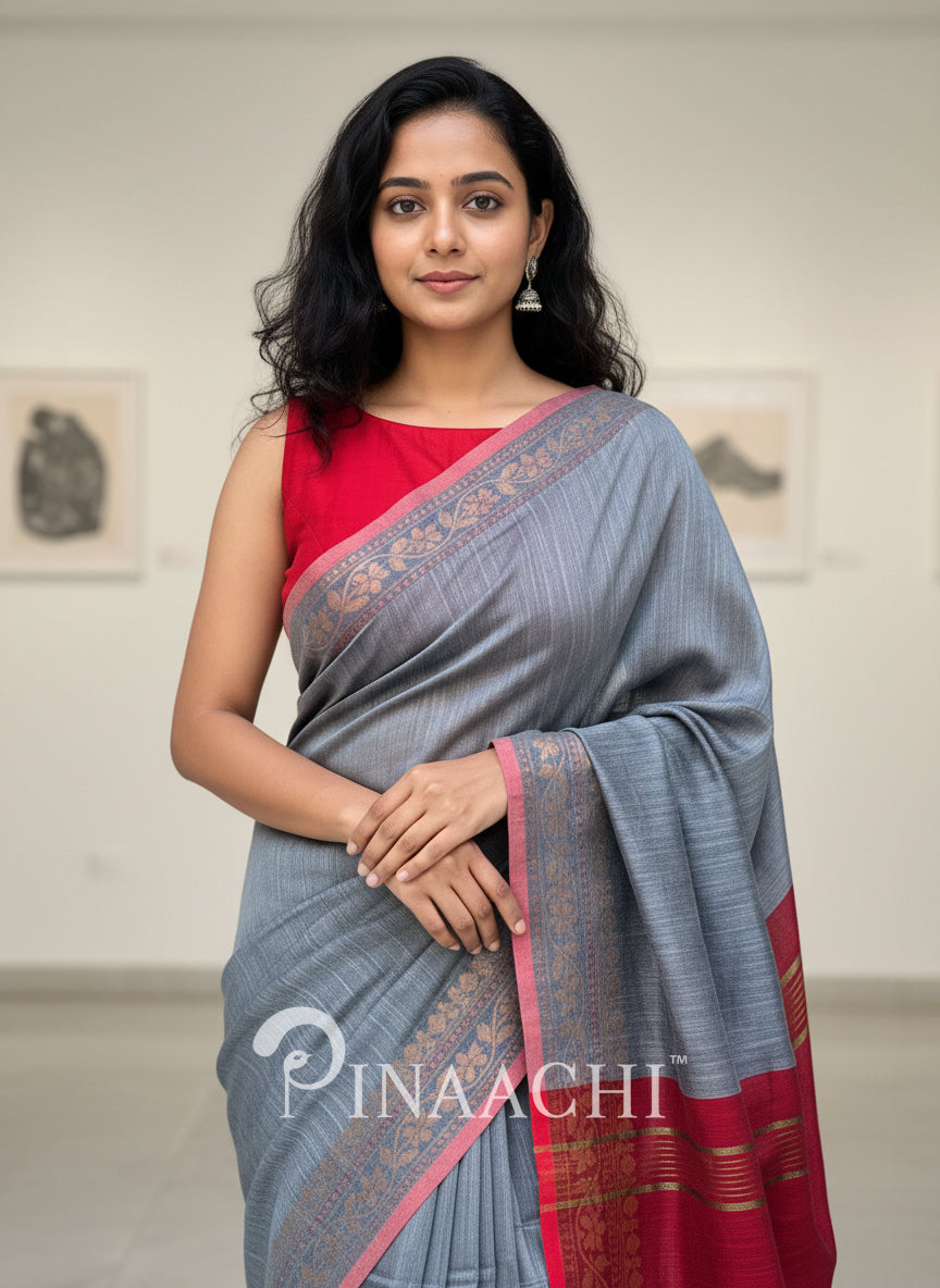 Pinaachi steel blue cotton silk saree with intricate border for elegant occasions