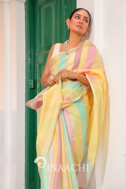 Pinaachi Summer Stripe Linen Silk Saree in pastel yellow, pink, and green stripes worn by model