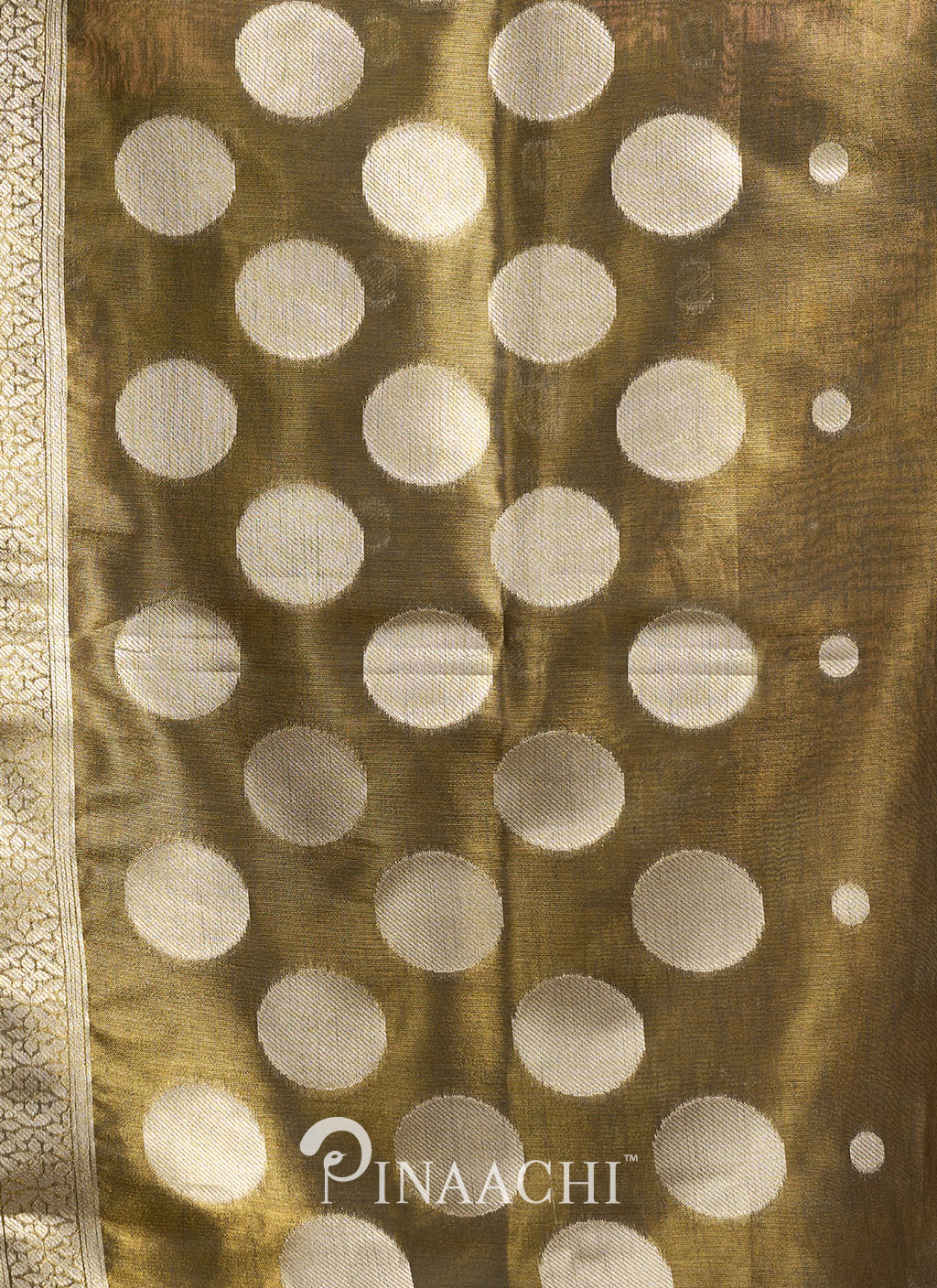 Pinaachi tissue silk saree online with golden fabric and large white polka dot design