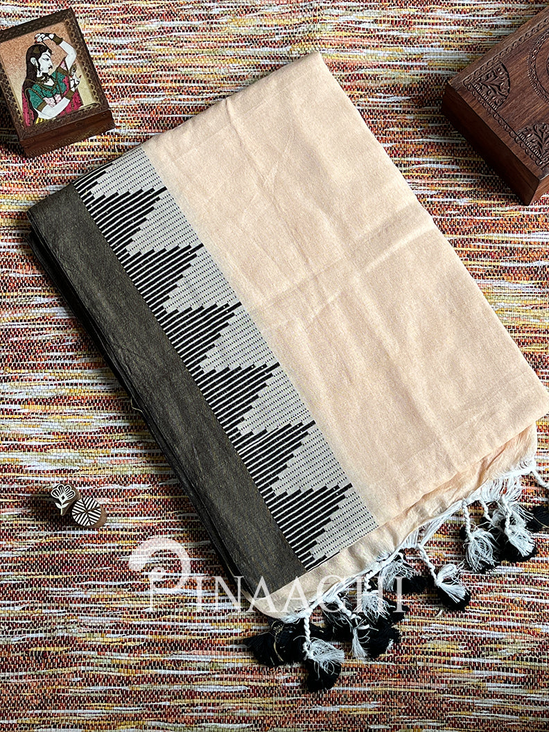 Pinaachi handspun ivory cream cotton saree with elegant black geometric border and tassels