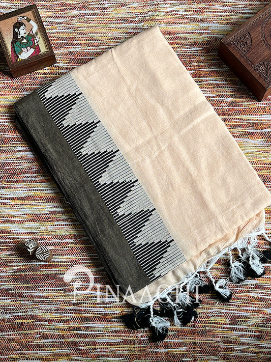 Pinaachi handspun ivory cream cotton saree with elegant black geometric border and tassels