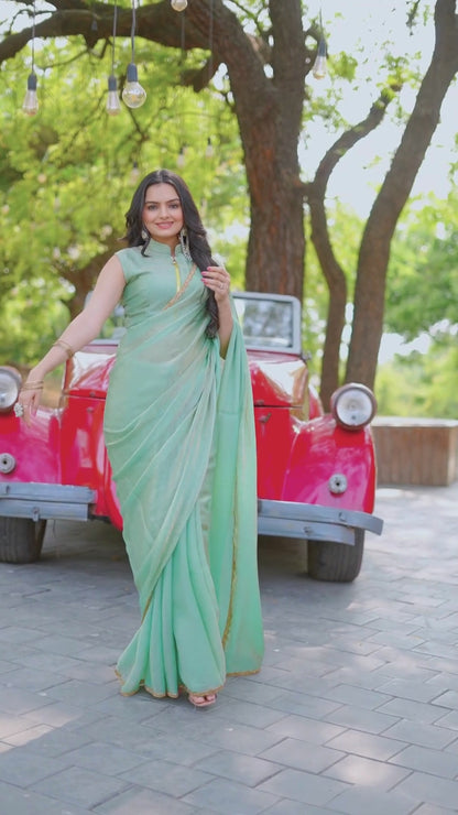Pinaachi Solid Pista Green Frendy Chiffon Saree