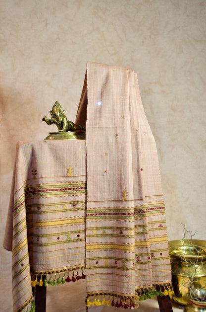 Elegant Pure Merino Wool Mirror Stole with intricate embroidery and tassel detailing