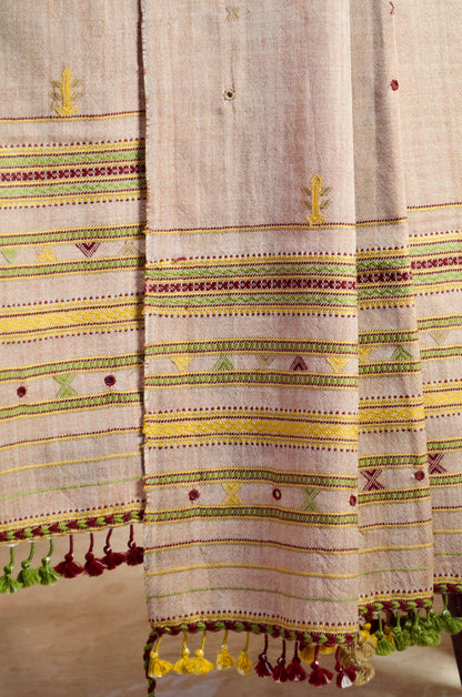 Pure Merino Wool Mirror Stole with colorful embroidery and tassels for elegant styling