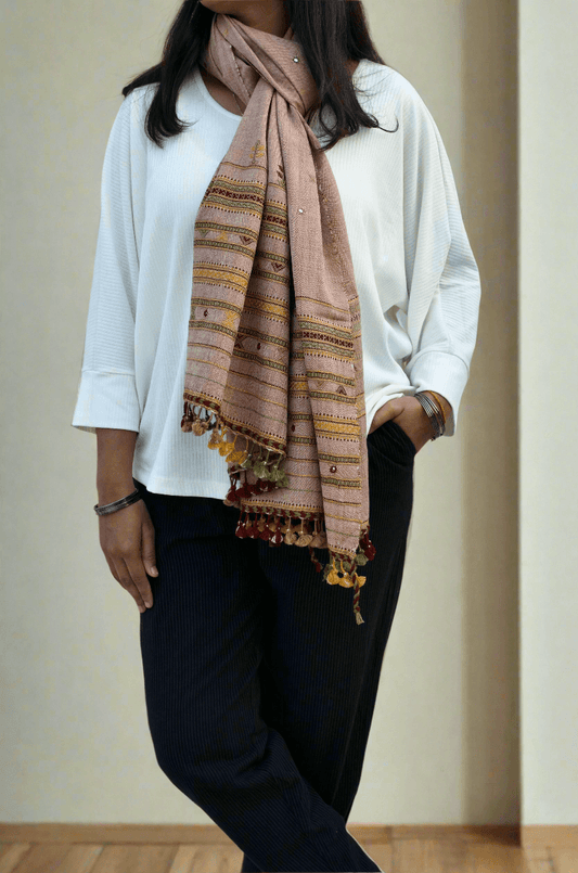 Elegant Pure Merino Wool Mirror Stole featuring intricate embroidery and tassels, perfect for stylish layering