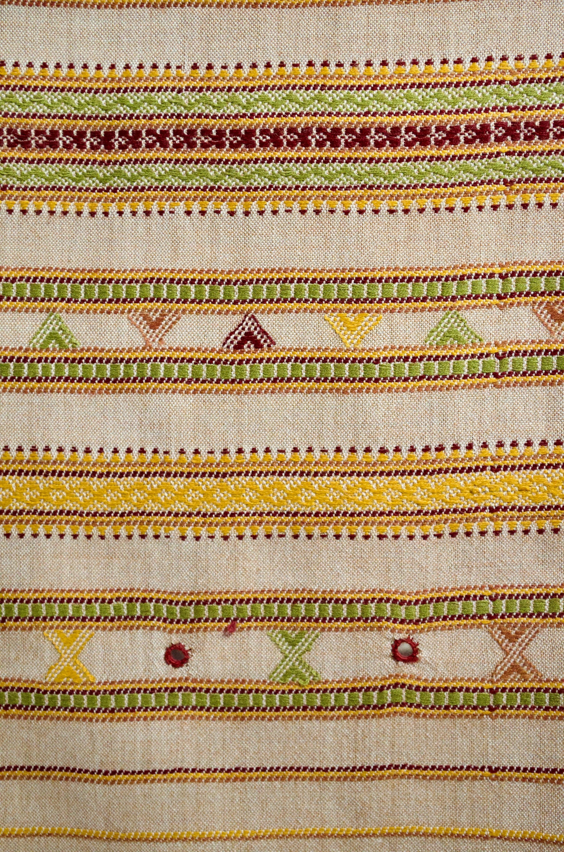 Pankaj Bhimji Vankar pure merino wool stole featuring intricate multicolored embroidery on a light background