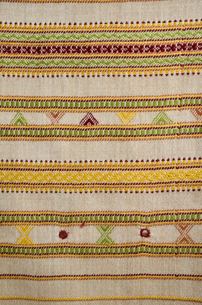 Pankaj Bhimji Vankar pure merino wool stole featuring intricate multicolored embroidery on a light background
