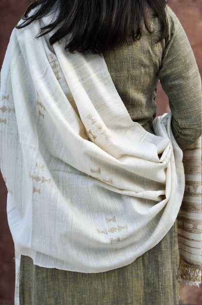 Elegant pure merino wool tasar silk shawl draped over a traditional outfit for a sophisticated look