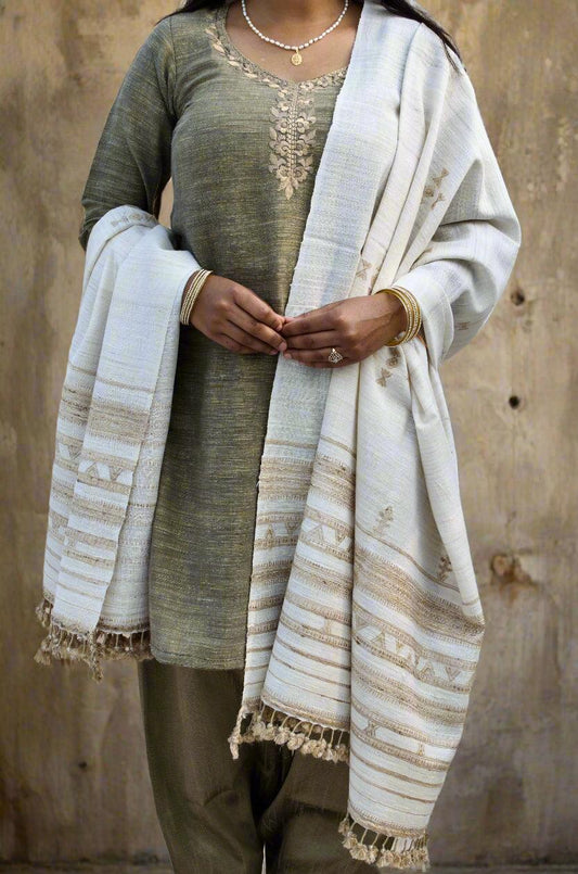 Elegant pure merino wool tasar silk shawl draped over a green outfit with intricate detailing
