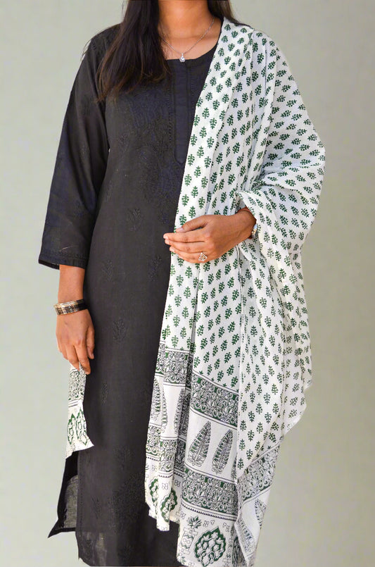 Elegant Sanganeri hand block printed dupatta in white and green, perfect for traditional attire