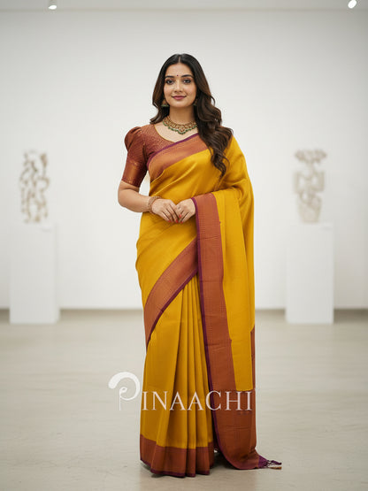 Pinaachi Mustard & Maroon Self Design Licchi Silk Saree