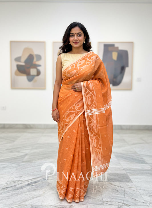 Pinaachi Aarunya Handloom Orange Cotton Silk Jamdani Saree