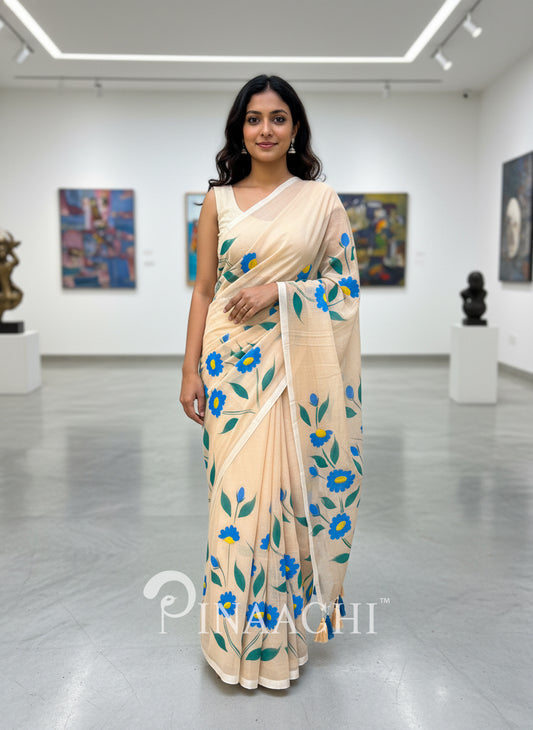 Pinaachi Handloom Handpainted Soft Apricot Mulmul Saree