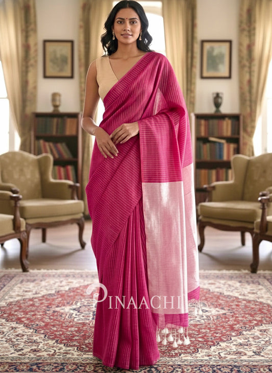 Pinaachi Handloom Magenta Striped Mul Cotton Saree