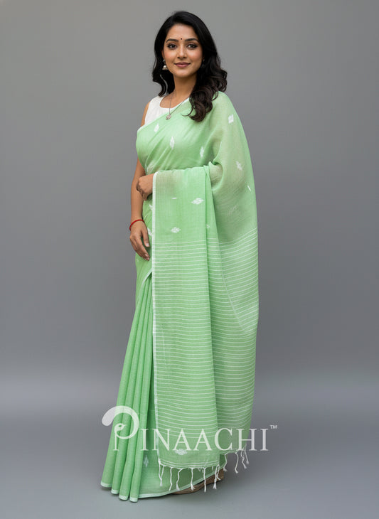 Pinaachi Komal Handloom Light Green Mulmul Jamdani Saree