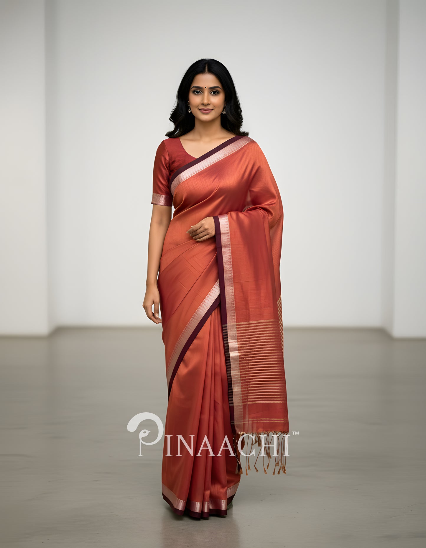 Pinaachi Handloom Coral Blush Mul Tissue Saree