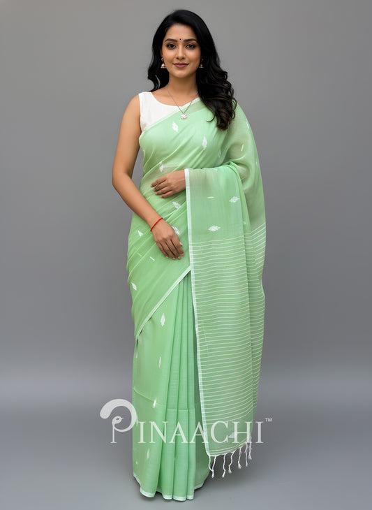 Pinaachi Komal Handloom Light Green Mulmul Jamdani Saree